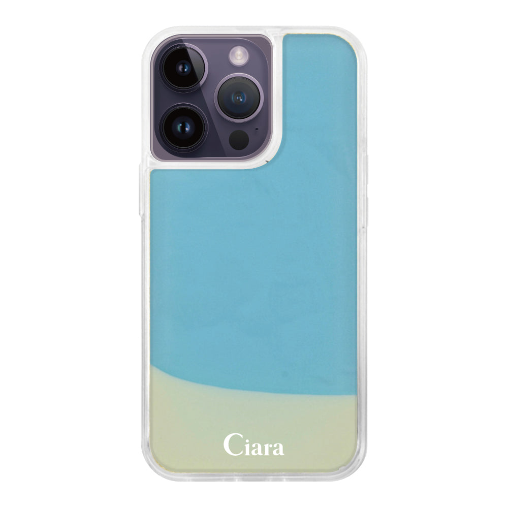 iPhone14ProMaxケース ネオンサンド オイルケース ロゴ ホワイト/ブルー