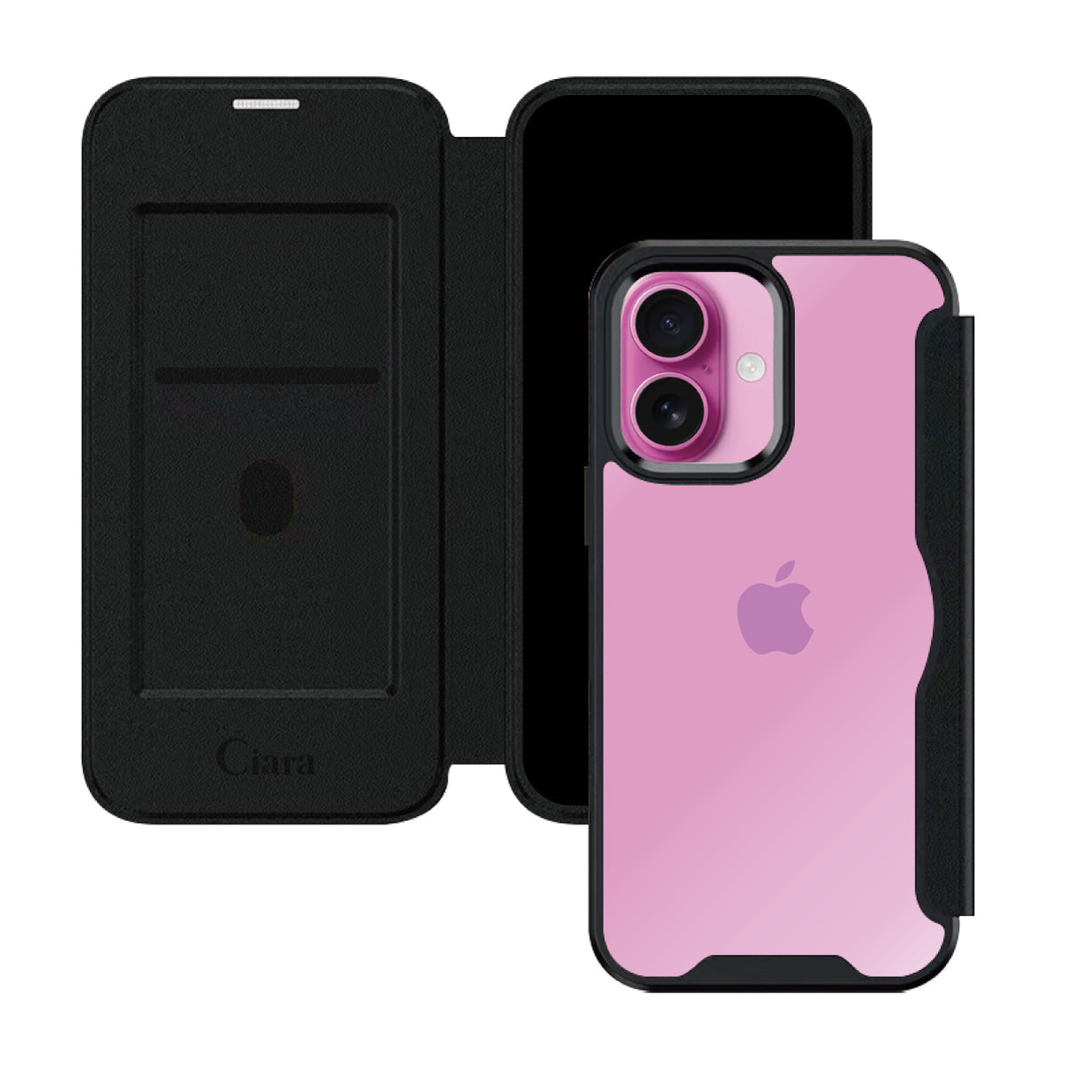 iPhone16Plus PUレザーフリップクリア手帳型 手帳型カード収納ケース ロゴ ブラック