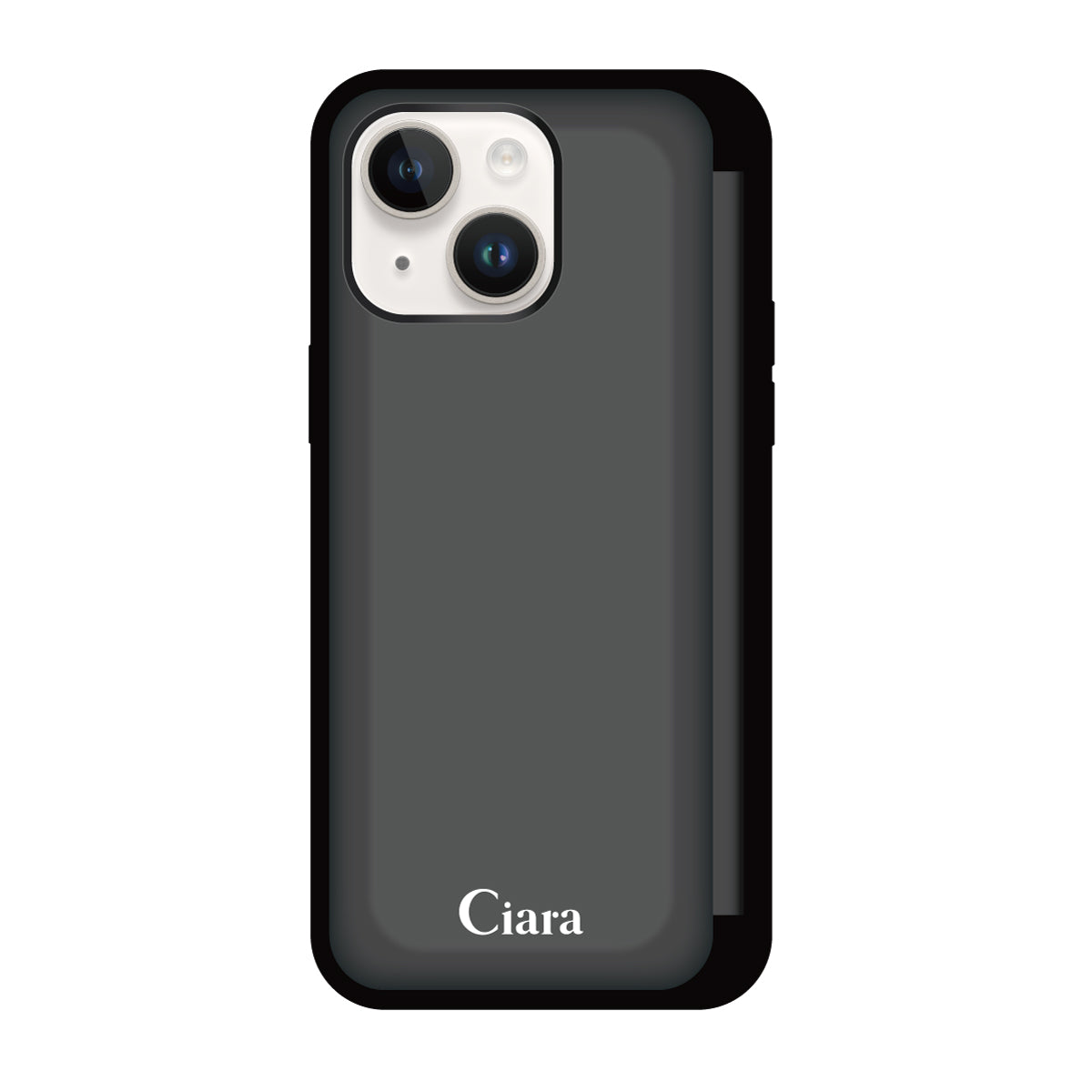 iPhone14/13 バックフリップカード収納ミラー付き カード収納ミラー付きケース ロゴ ブラック