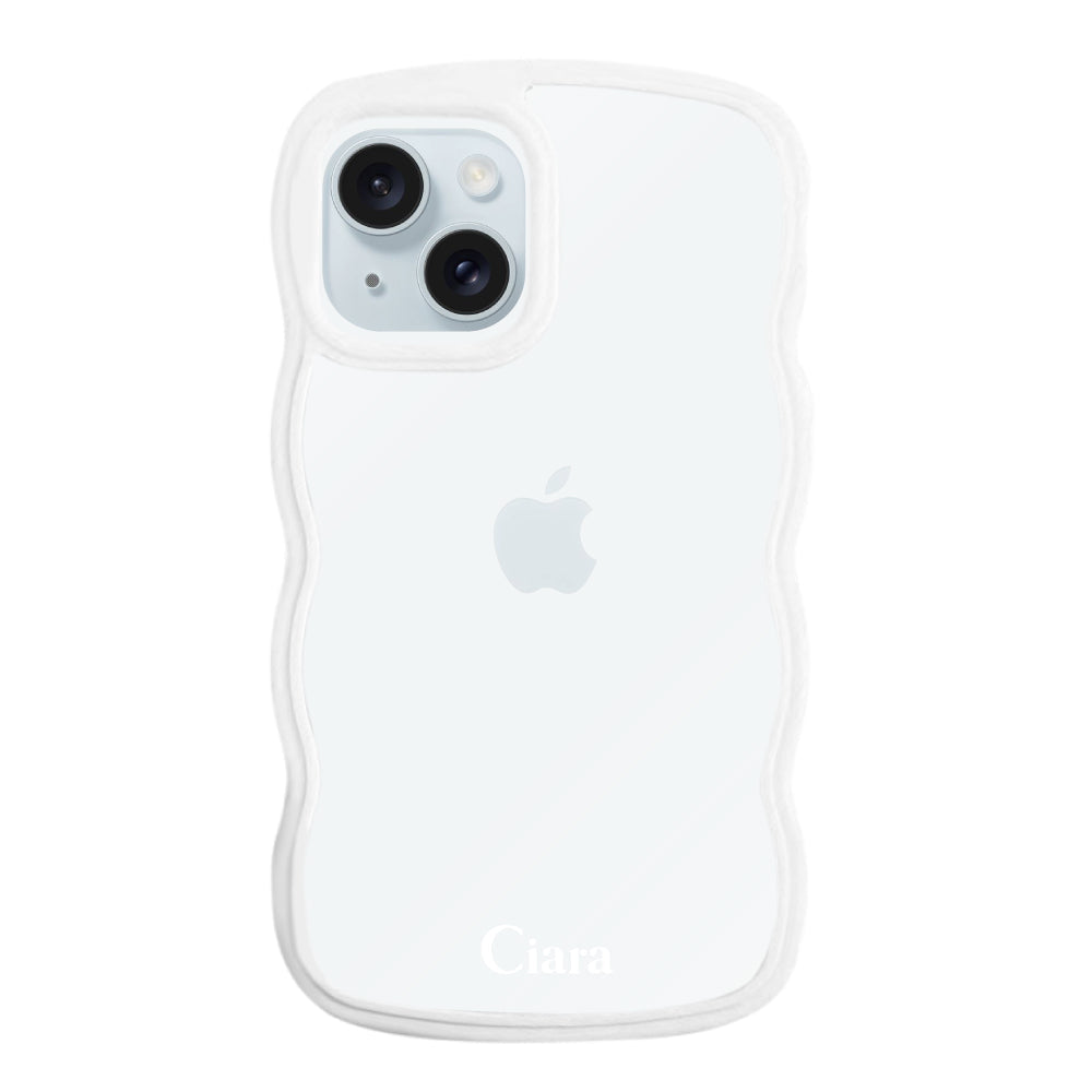iPhone15Plusケース ウェーブフレーム クリアケース ロゴ ホワイト