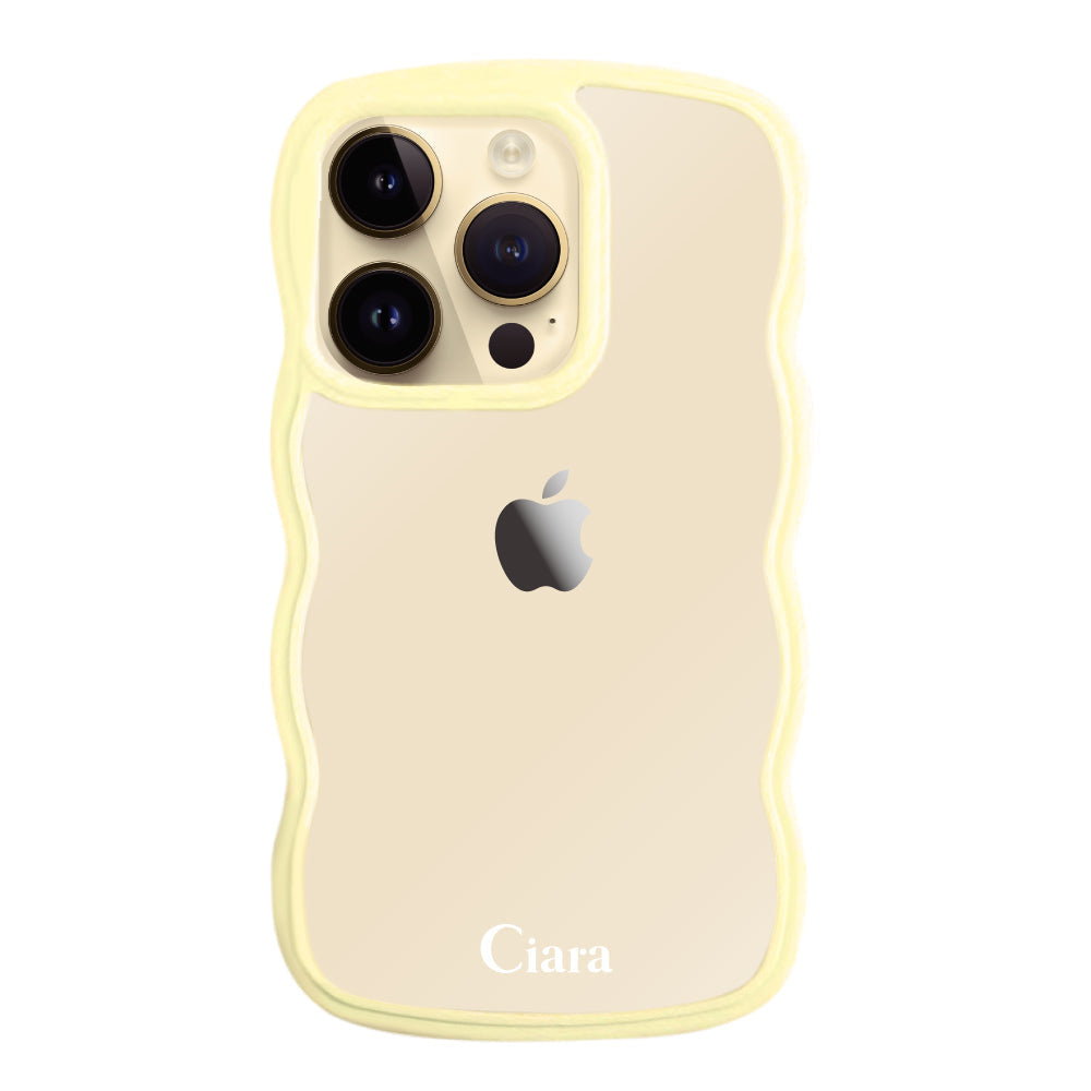 iPhone14Proケース ウェーブフレーム クリアケース ロゴ イエロー