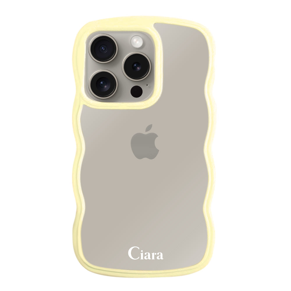 iPhone15Proケース ウェーブフレーム クリアケース ロゴ イエロー