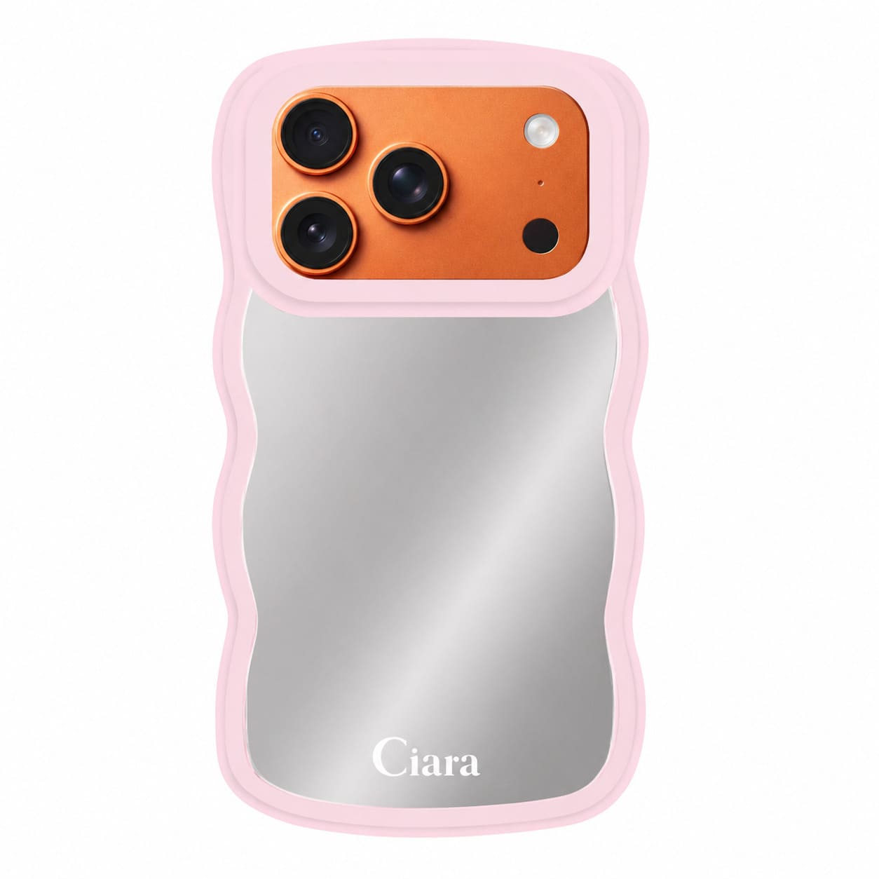 iPhone17ProMax ウェーブフレーム ミラーケース ロゴ ピンク