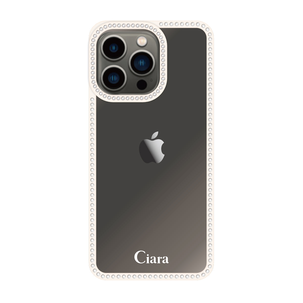 iPhone13Pro ラインストーンフレームクリア クリア ラインストーンフレームケース ロゴ ホワイト