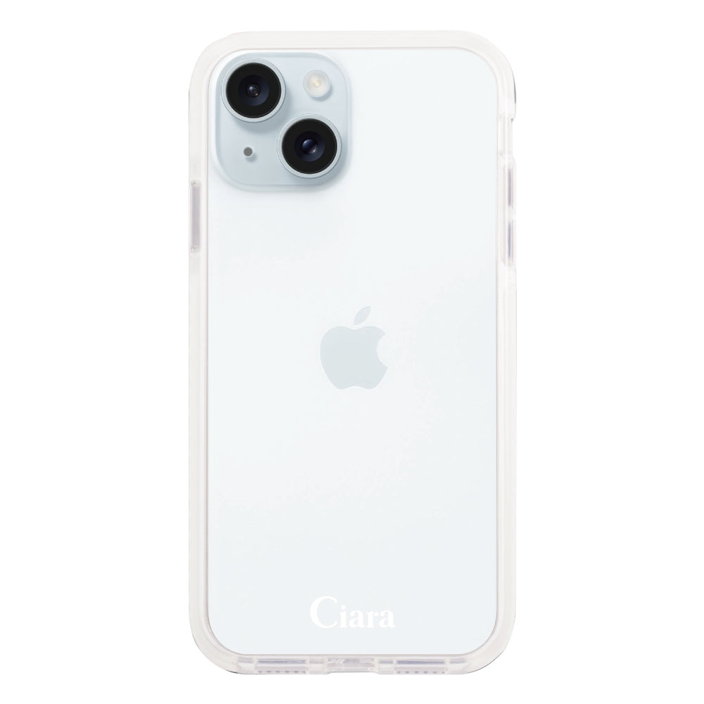 iPhone15Plus クッションバンパー 耐衝撃クリアケース ロゴ ホワイト