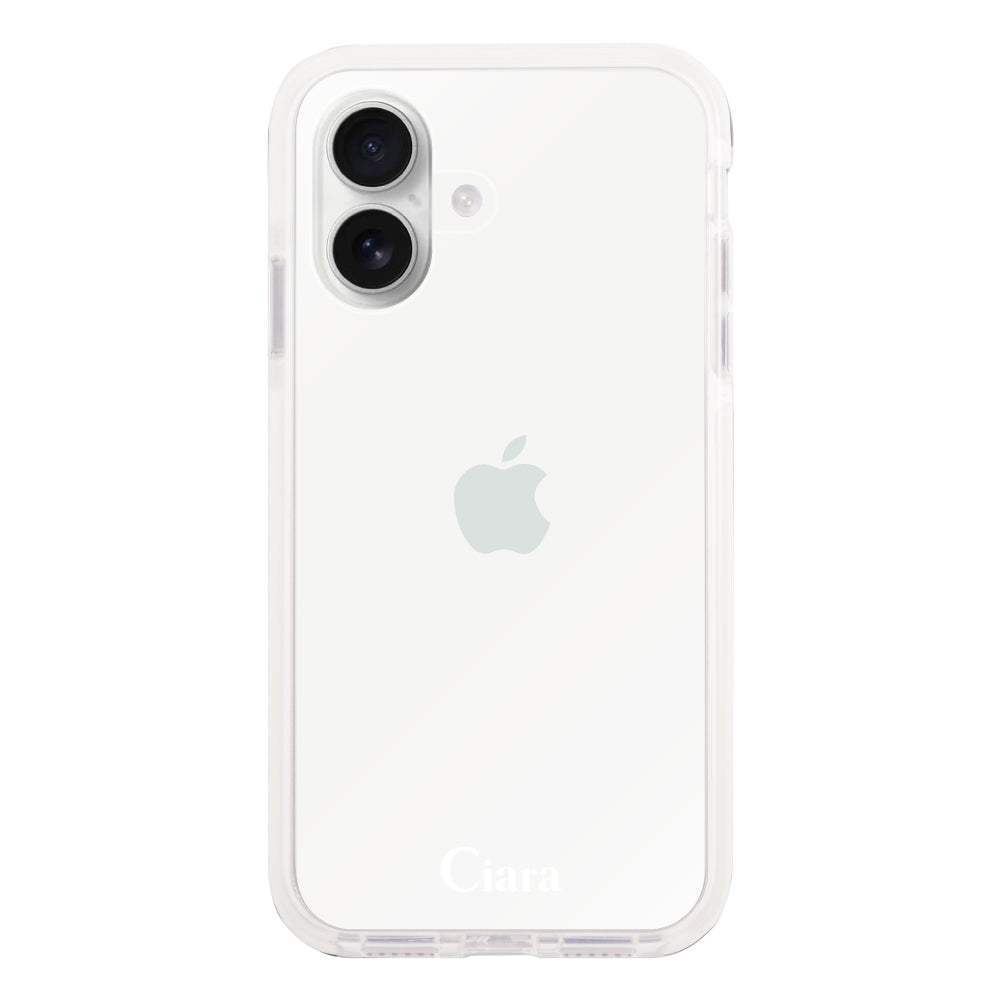 iPhone16 クッションバンパー 耐衝撃クリアTPUケース ロゴ ホワイト