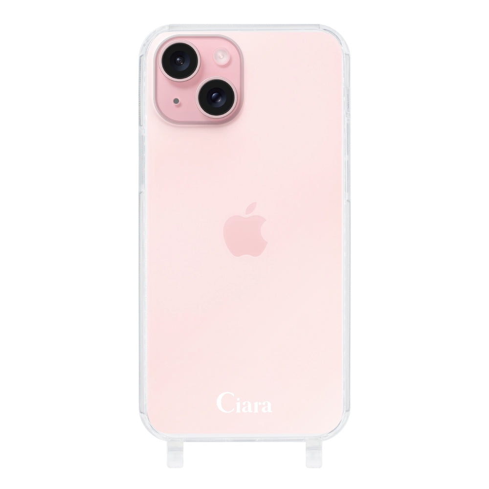 iPhone15 ストラップクリアケース ロゴ ホワイト