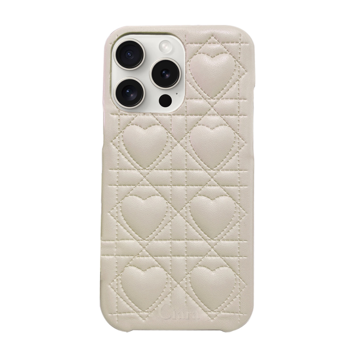 iPhone15ProMax ハートキルティングPU レザーケース ロゴ ホワイト