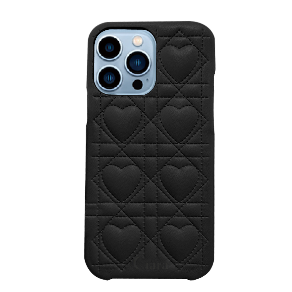 iPhone13ProMax ハートキルティングPU レザーケース ロゴ ブラック