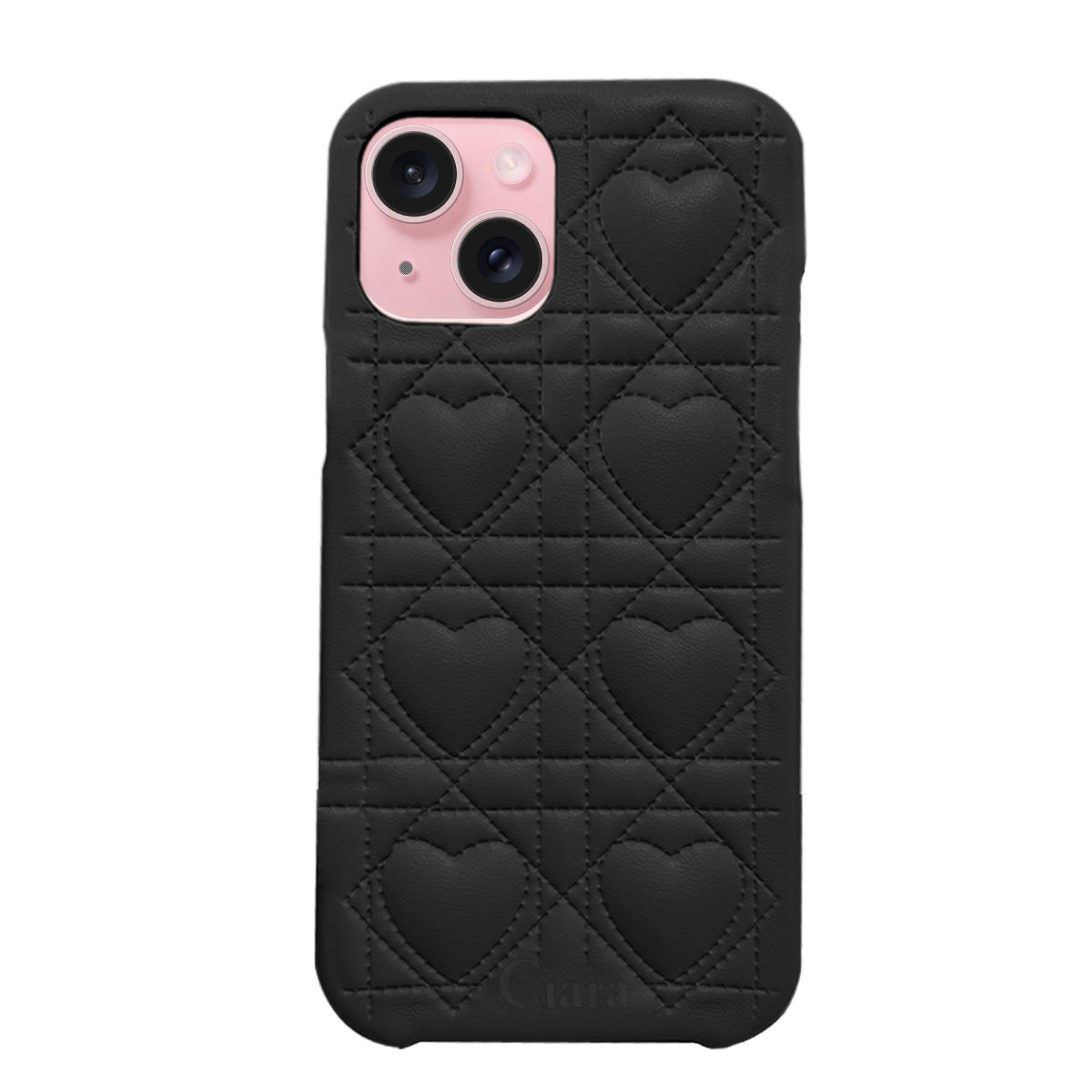 iPhone15 ハートキルティングPU レザーケース ロゴ ブラック