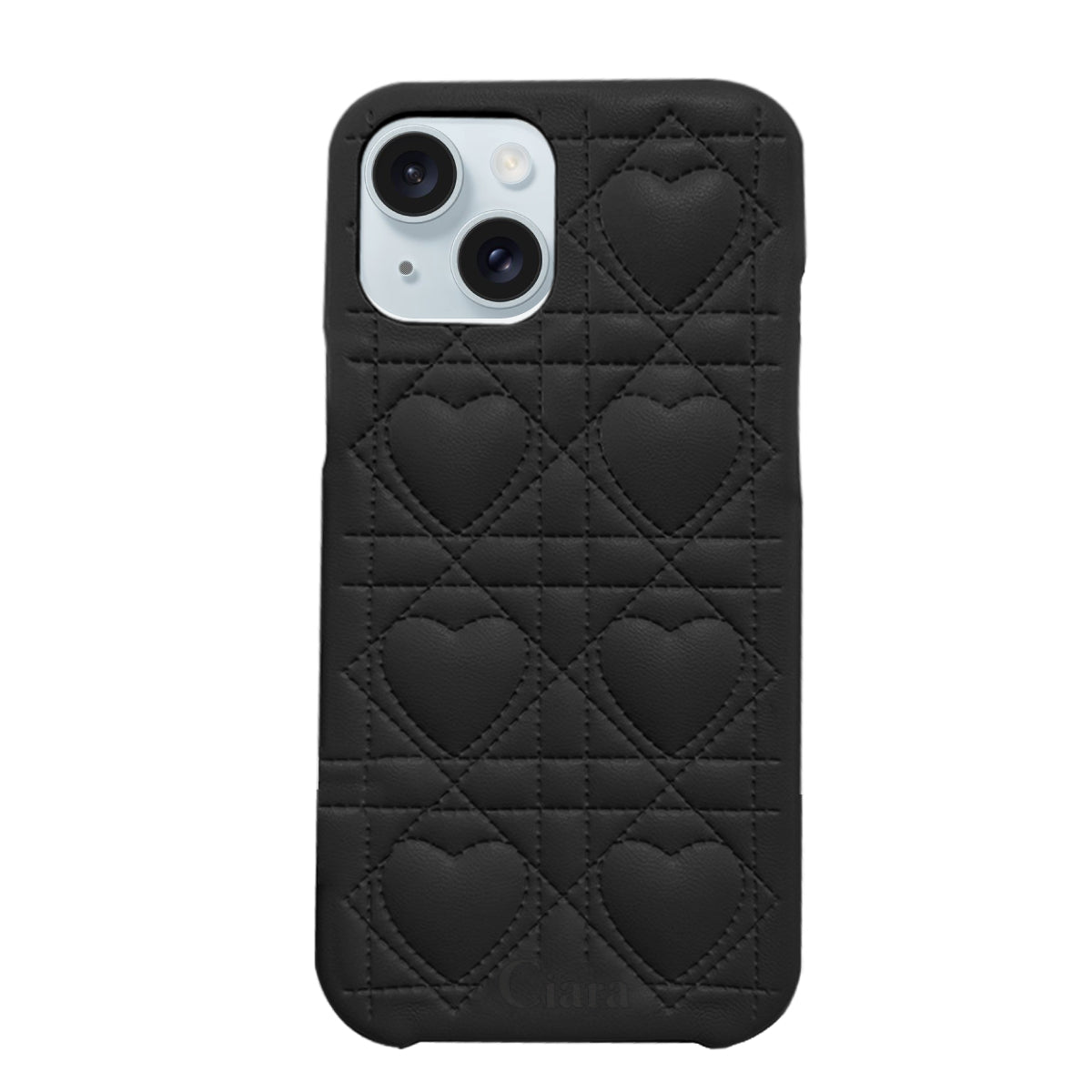iPhone15Plus/14Plus ハートキルティングPU レザーケース ロゴ ブラック