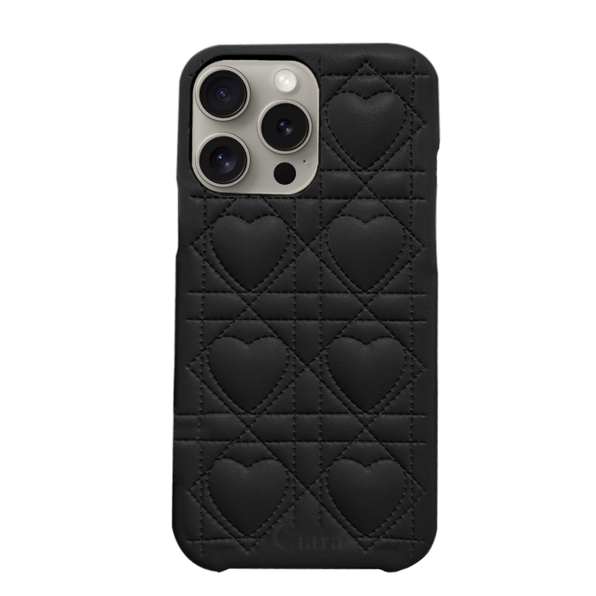 iPhone15Pro ハートキルティングPU レザーケース ロゴ ブラック