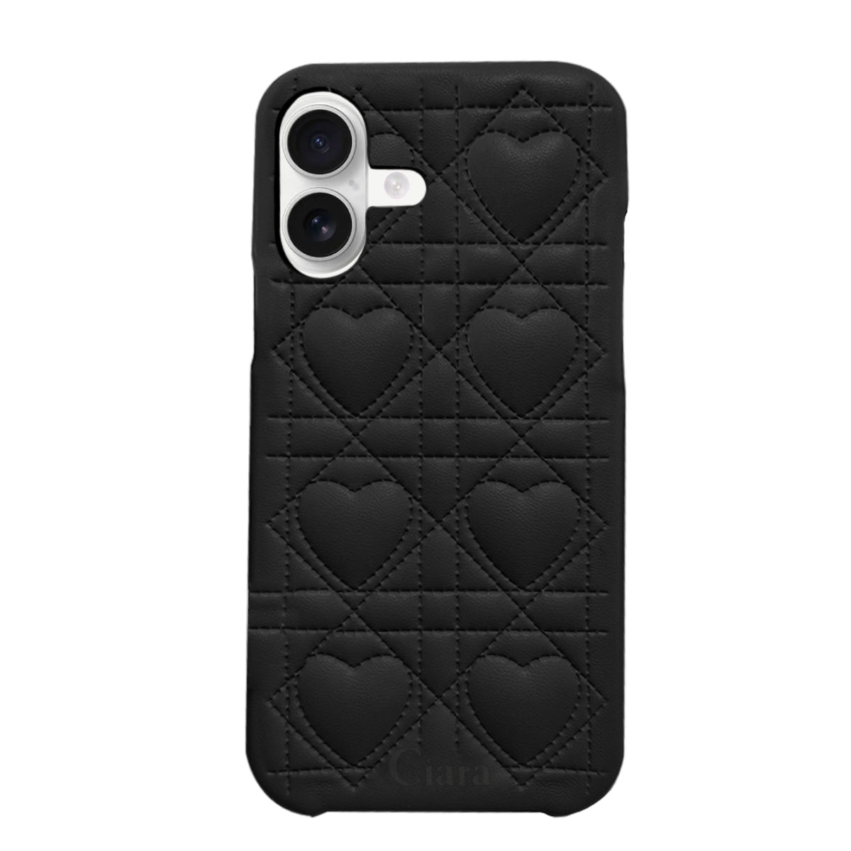 iPhone16 ハートキルティングPU レザーケース ロゴ ブラック
