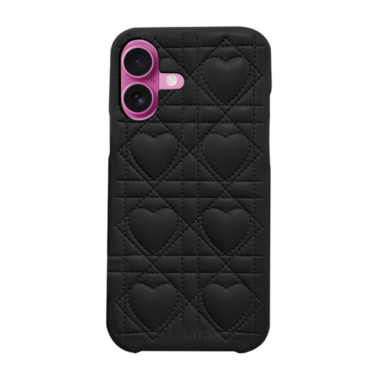 iPhone16Plus ハートキルティングPU レザーケース ロゴ ブラック
