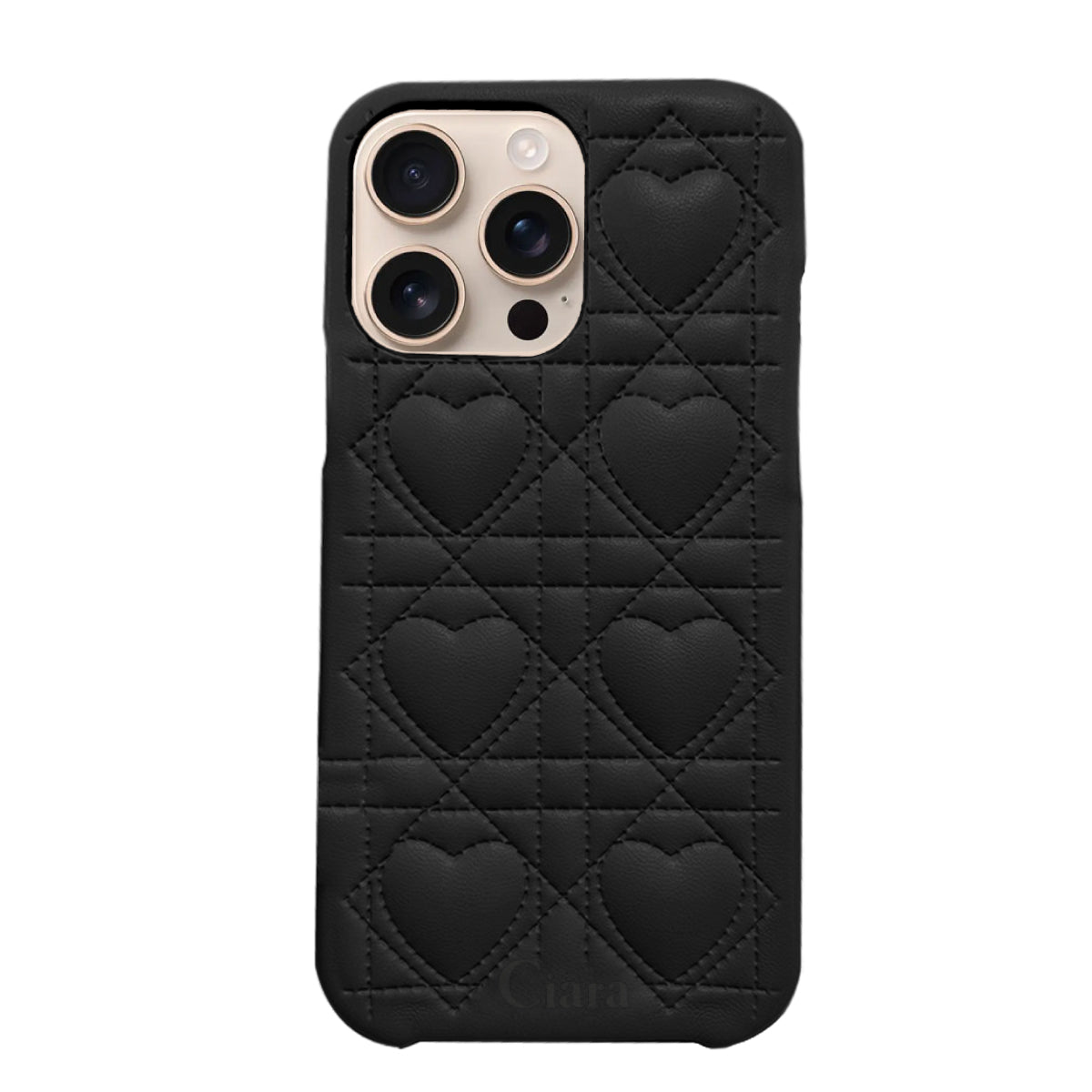 iPhone16Pro ハートキルティングPU レザーケース ロゴ ブラック