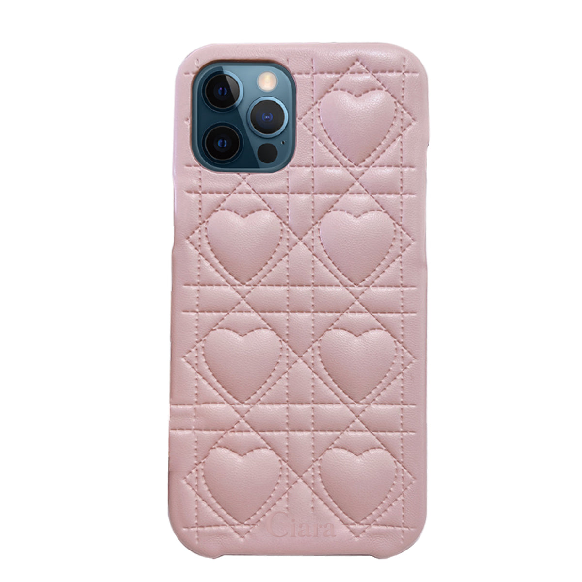 iPhone12ProMax ハートキルティングPU レザーケース ロゴ ピンク
