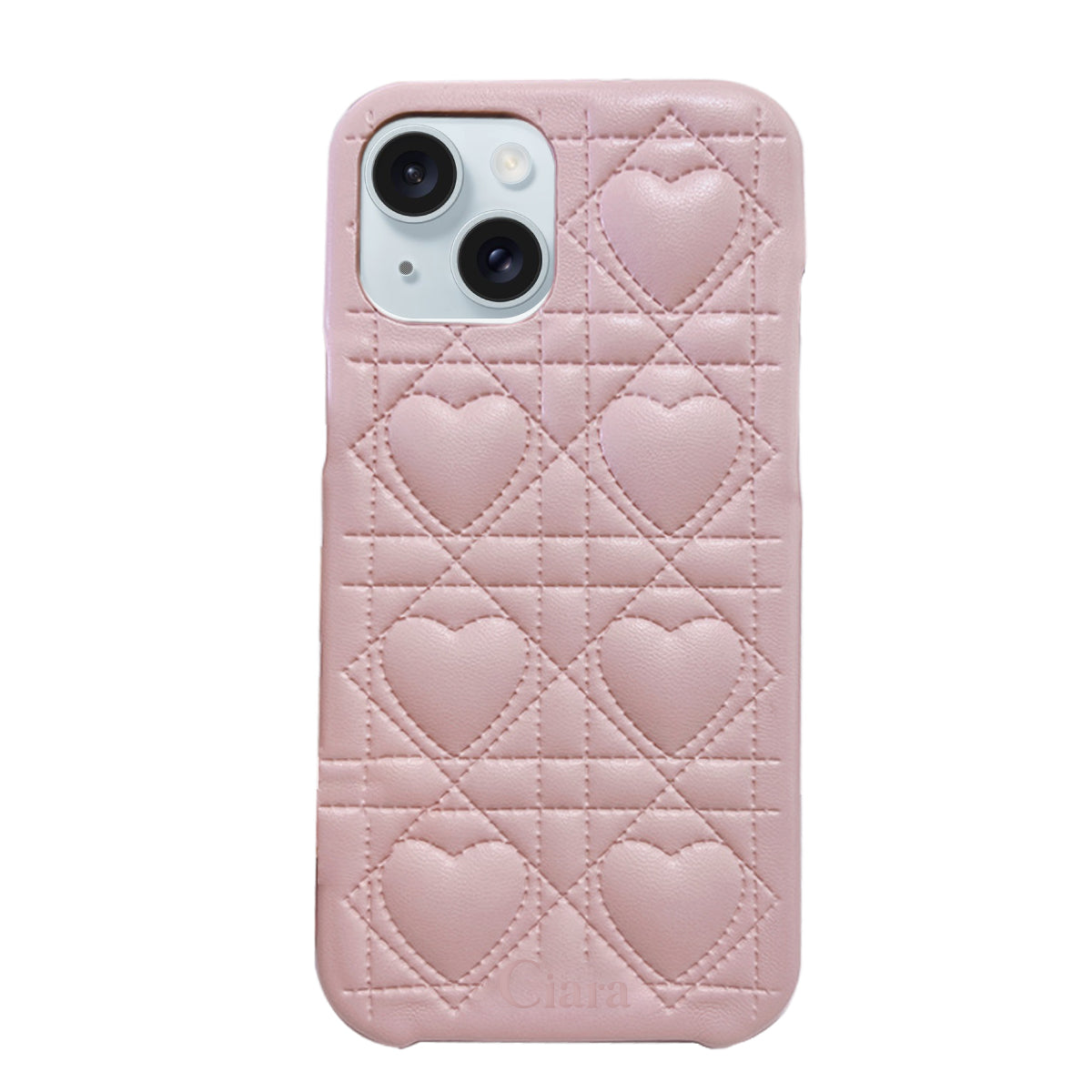 iPhone15Plus/14Plus ハートキルティングPU レザーケース ロゴ ピンク