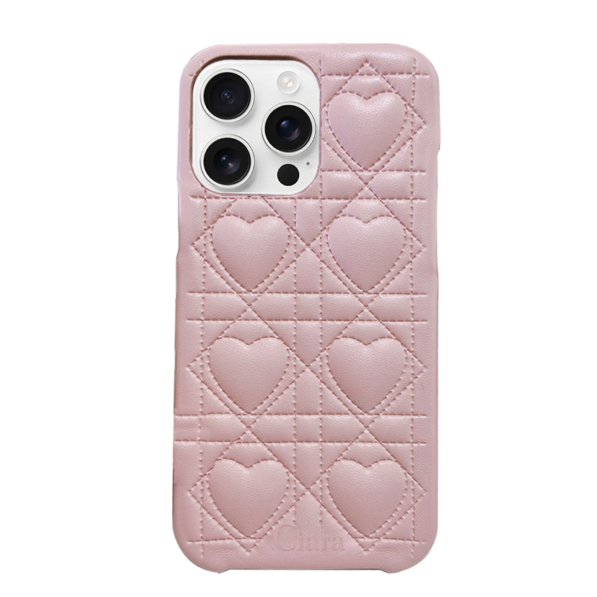 iPhone16ProMax ハートキルティングPU レザーケース ロゴ ピンク