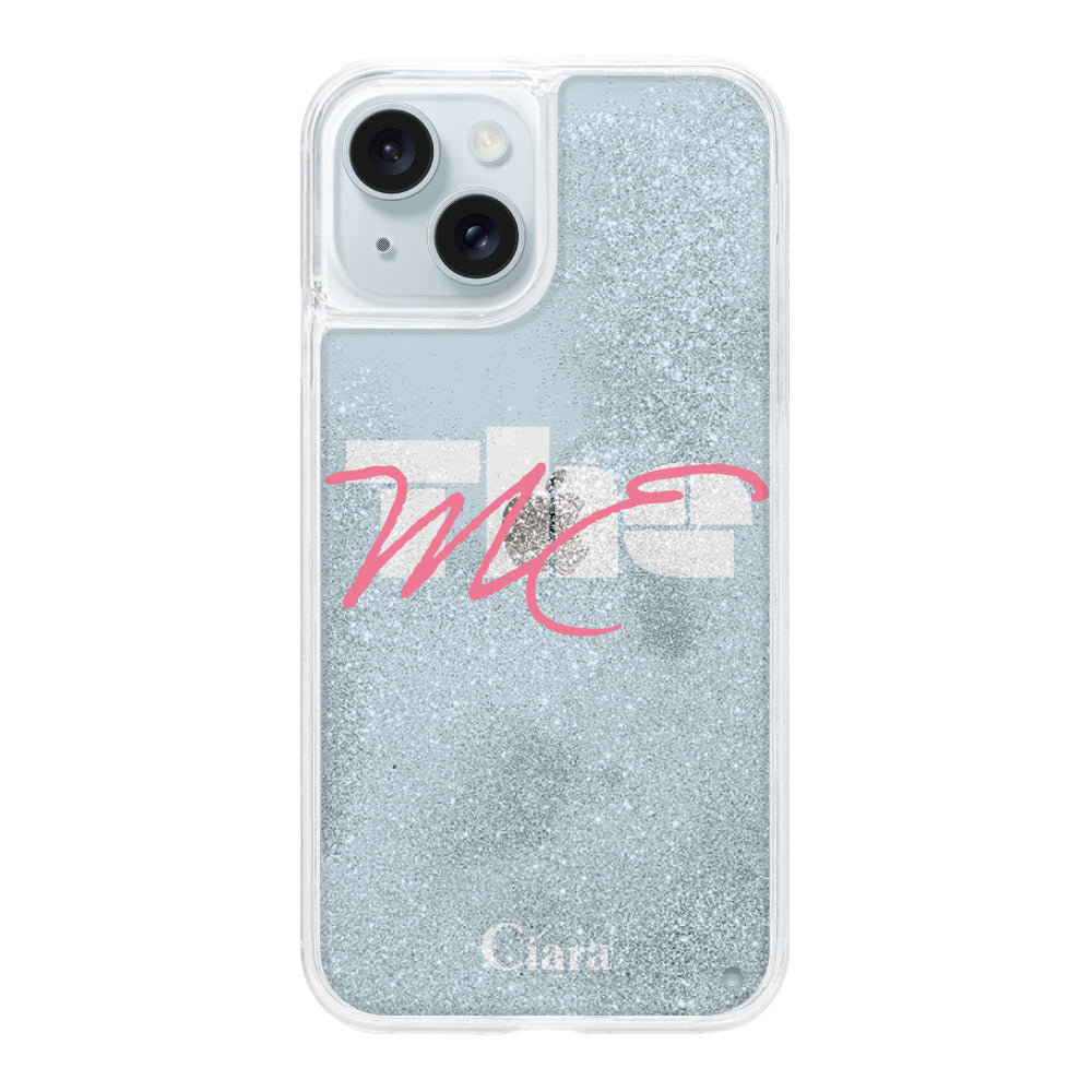 iPhone15Plus グリッター オイルクリアケース テーマ ブルー