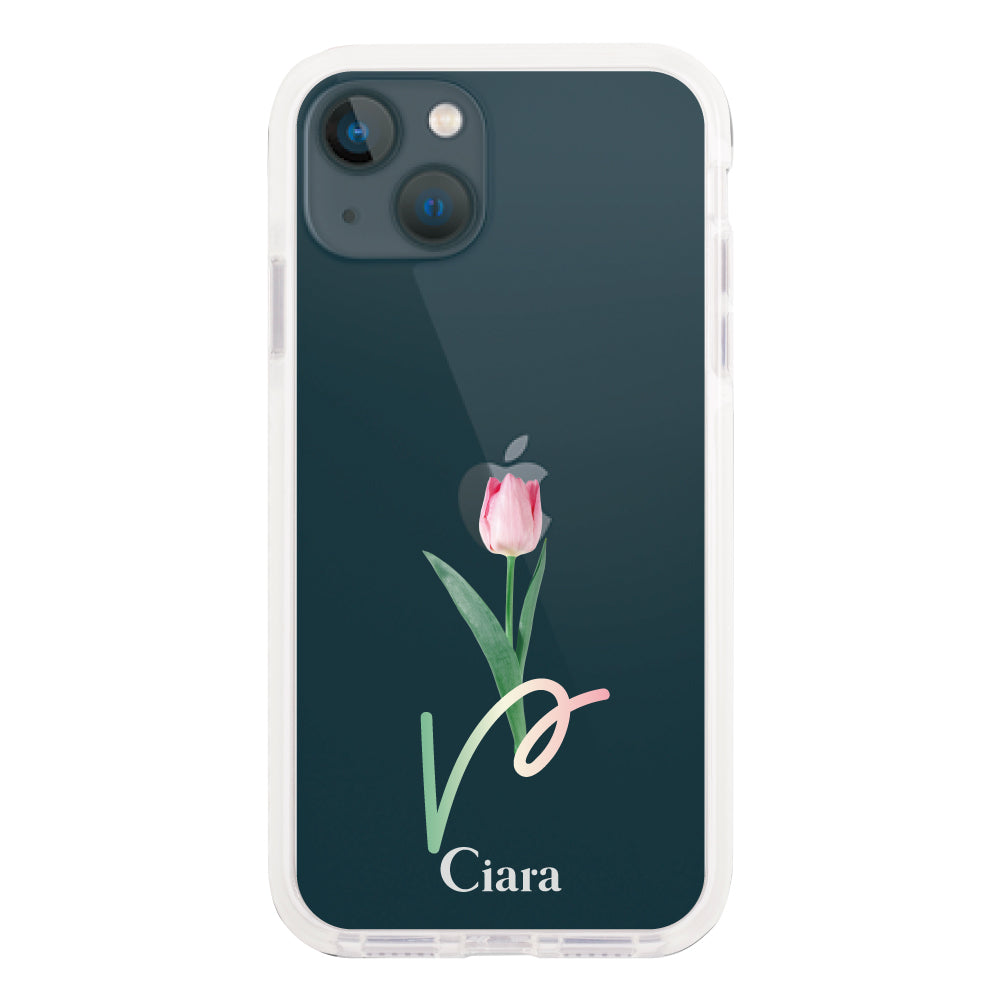iPhone13mini クッションバンパー 耐衝撃クリアケース チューリップ ピンク