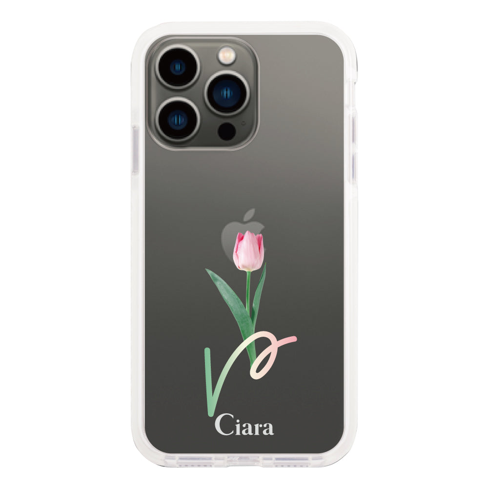 iPhone13Pro クッションバンパー 耐衝撃クリアケース チューリップ ピンク