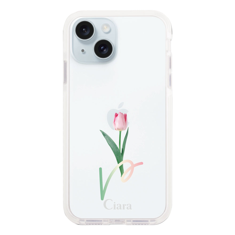 iPhone15Plus クッションバンパー 耐衝撃クリアケース チューリップ ピンク