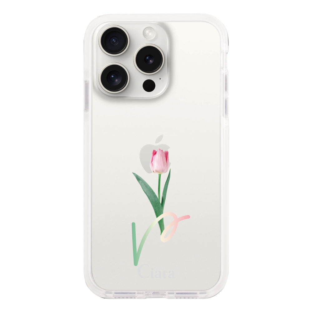 iPhone15ProMax クッションバンパー 耐衝撃クリアケース チューリップ ピンク