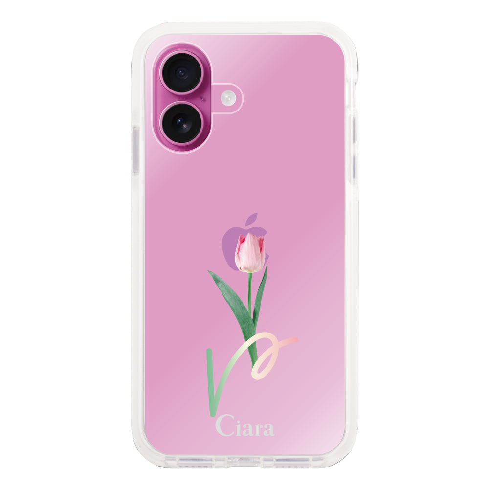 iPhone16Plus クッションバンパー 耐衝撃クリアケース チューリップ ピンク