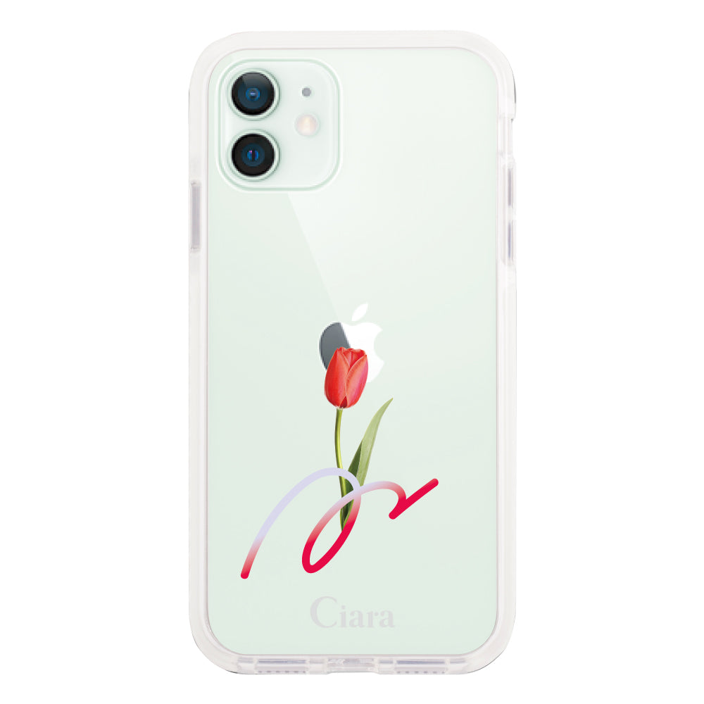 iPhone12mini クッションバンパー 耐衝撃クリアケース チューリップ レッド