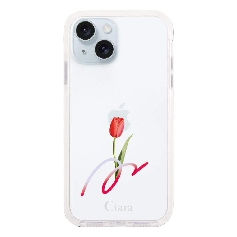 iPhone15Plus クッションバンパー 耐衝撃クリアケース チューリップ レッド