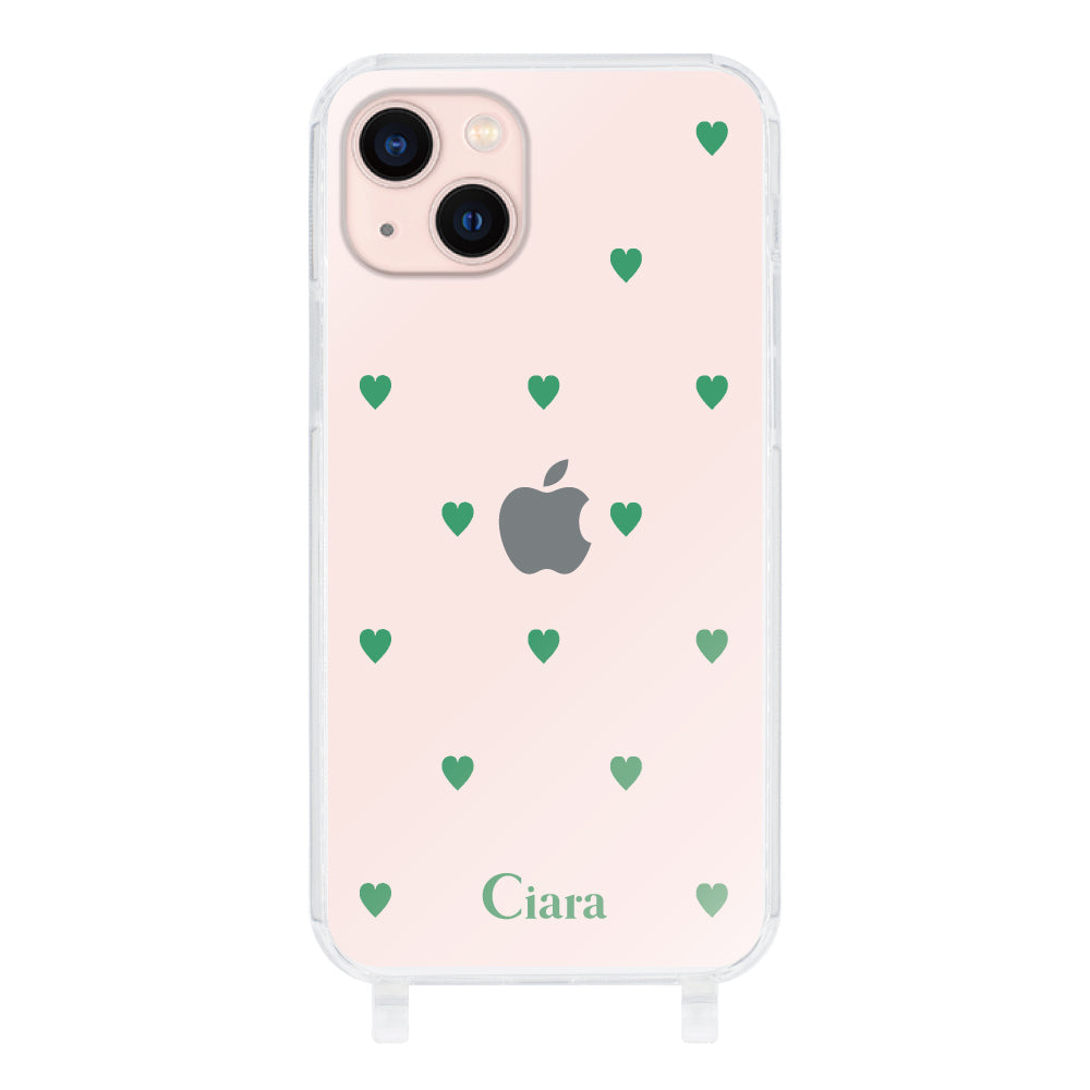 iPhone13ケース ストラップクリアケース カラーハート グリーン