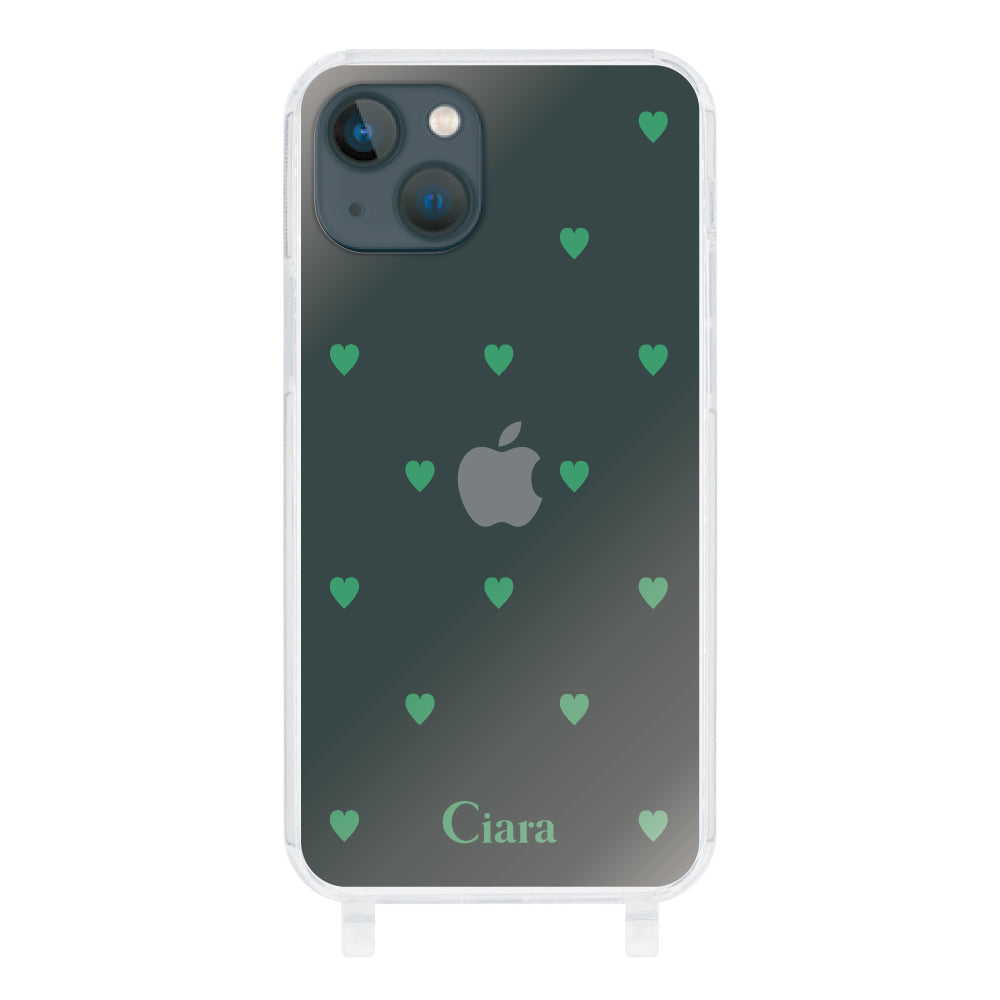 iPhone13miniケース ストラップクリアケース カラーハート グリーン