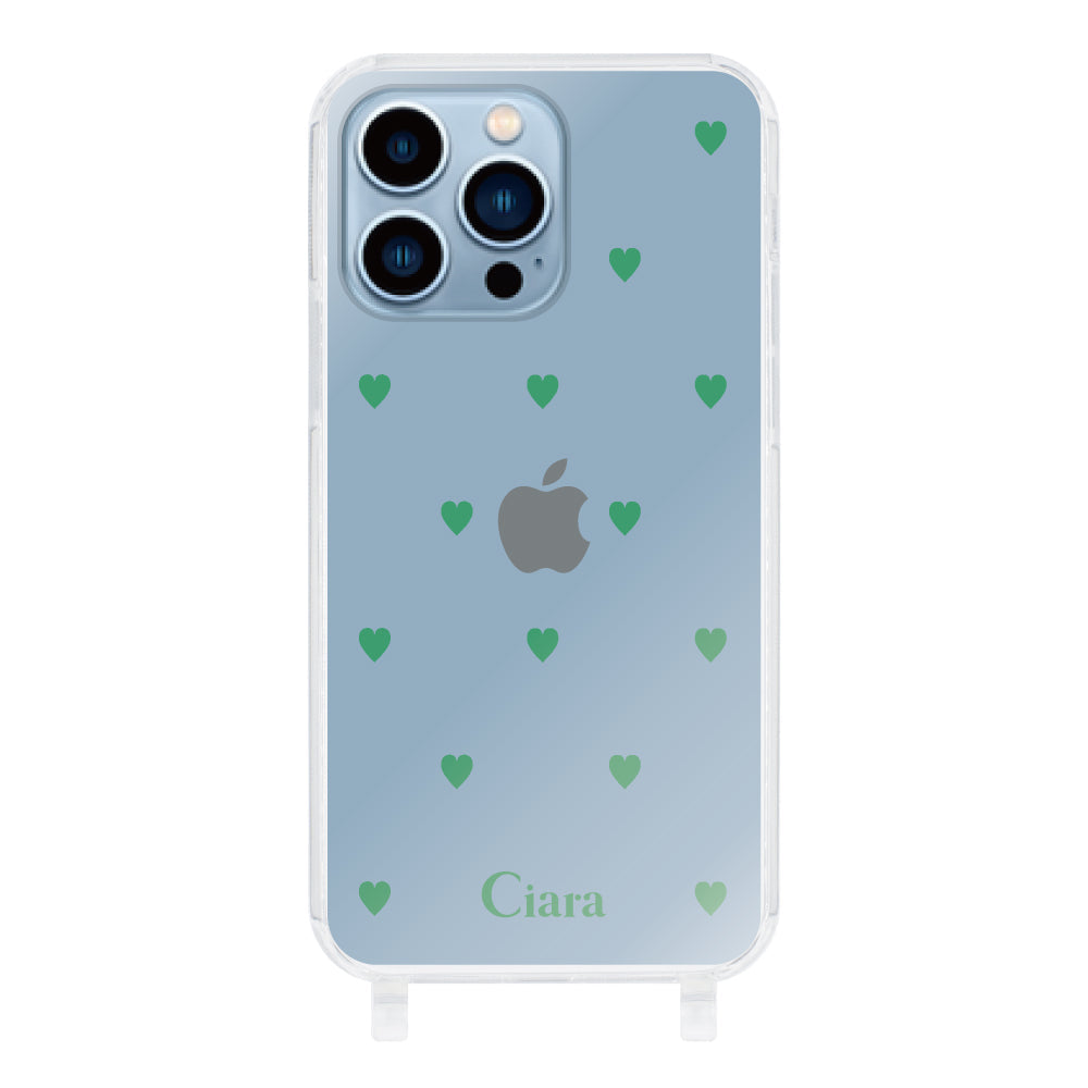 iPhone13ProMaxケース ストラップクリアケース カラーハート グリーン