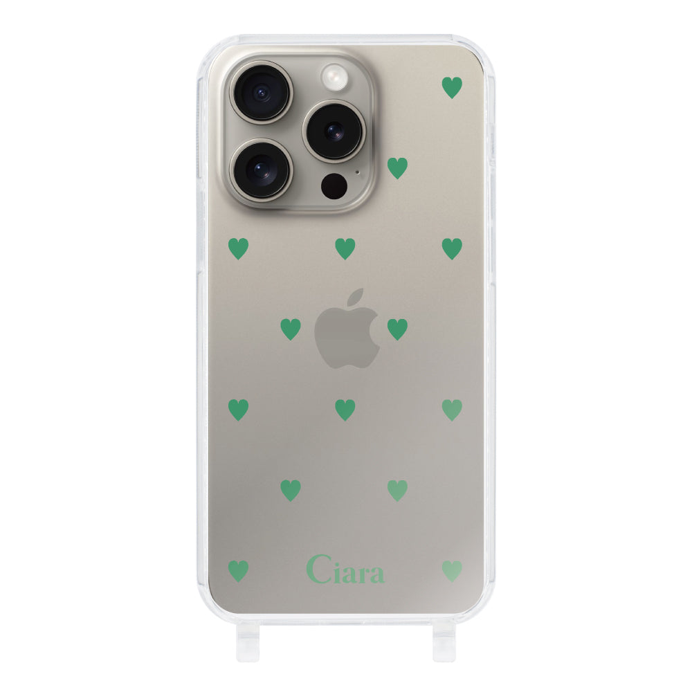 iPhone15Proケース ストラップクリアケース カラーハート グリーン