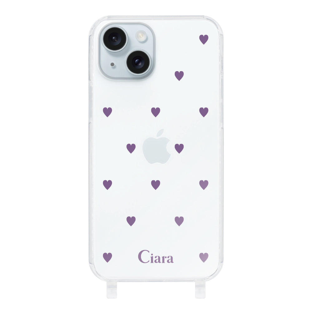 iPhone15Plusケース ストラップクリアケース カラーハート パープル