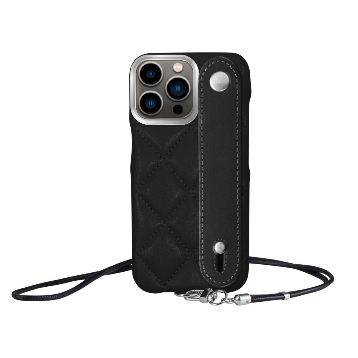 iPhone13Pro バンドキルティングPUレザーストラップ プティ ブラック/シルバー