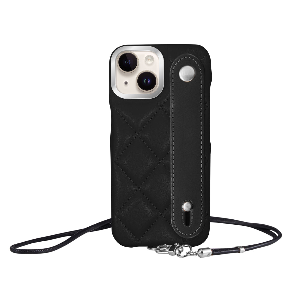 iPhone14/13 バンドキルティングPUレザーストラップ プティ ブラック/シルバー