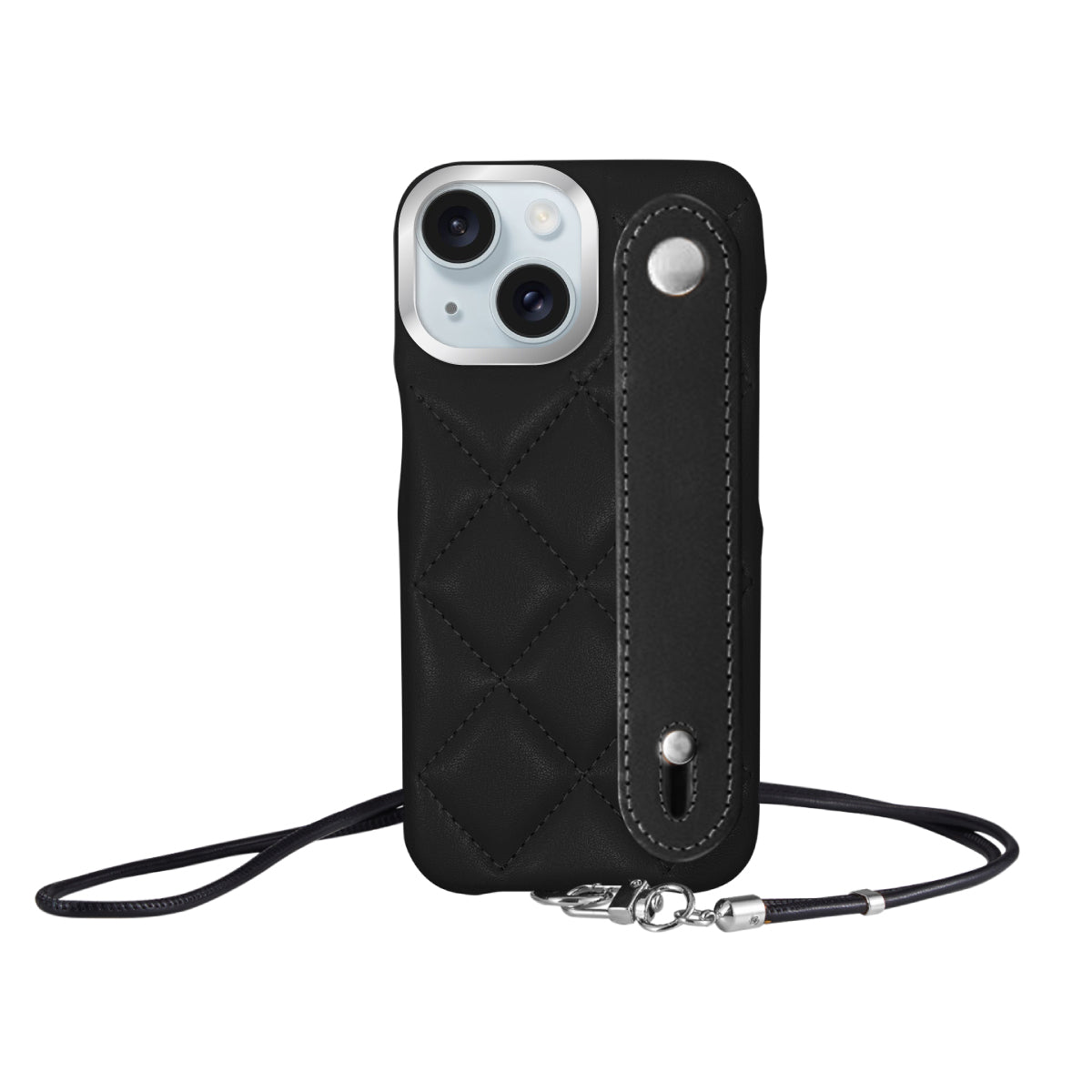 iPhone15Plus/14Plus バンドキルティングPUレザーストラップ プティ ブラック/シルバー