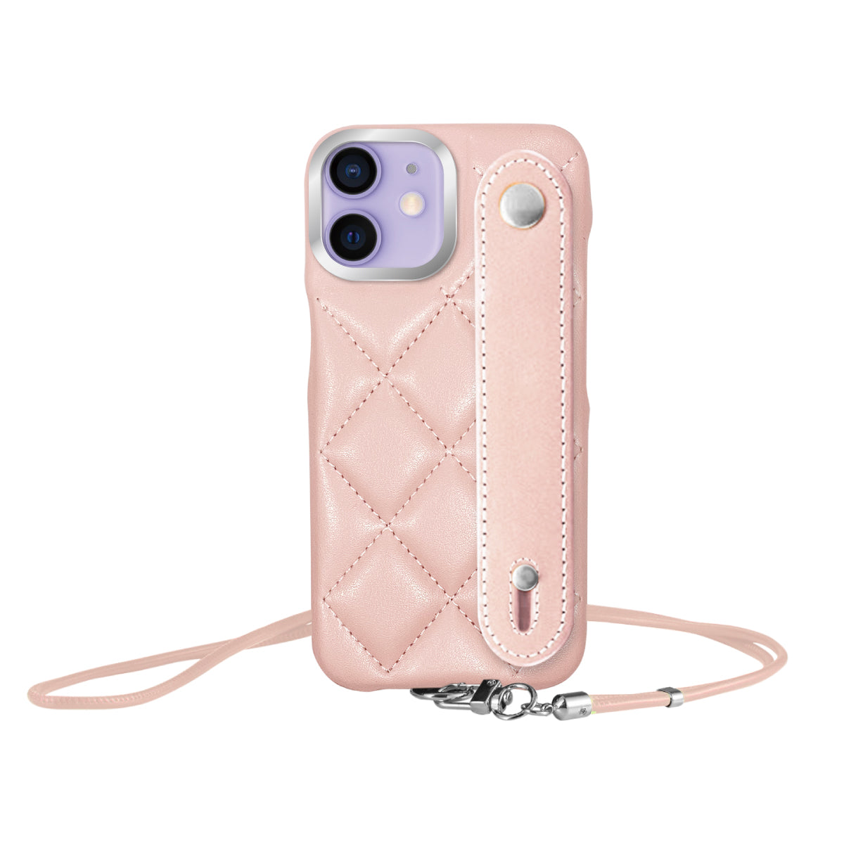 iPhone12/12Pro バンドキルティングPUレザーストラップ プティ ピンク/シルバー