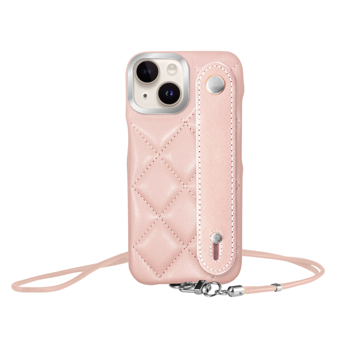 iPhone14/13 バンドキルティングPUレザーストラップ プティ ピンク/シルバー