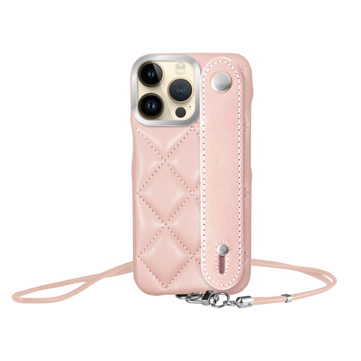 iPhone14Pro バンドキルティングPUレザーストラップ プティ ピンク/シルバー
