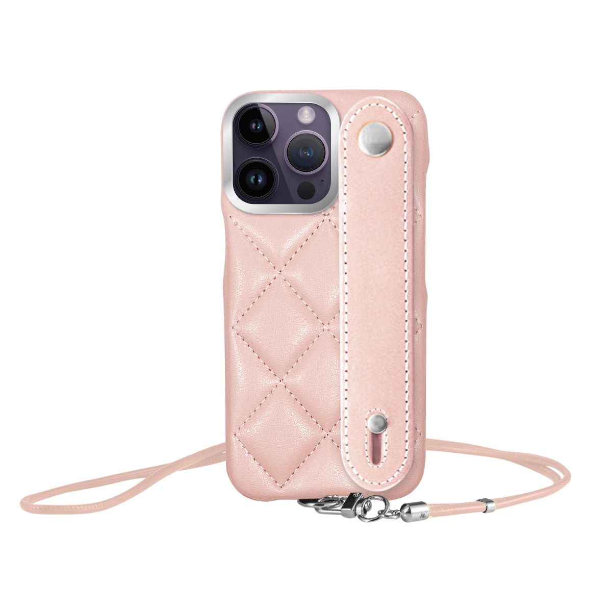 iPhone14ProMax バンドキルティングPUレザーストラップ プティ ピンク/シルバー