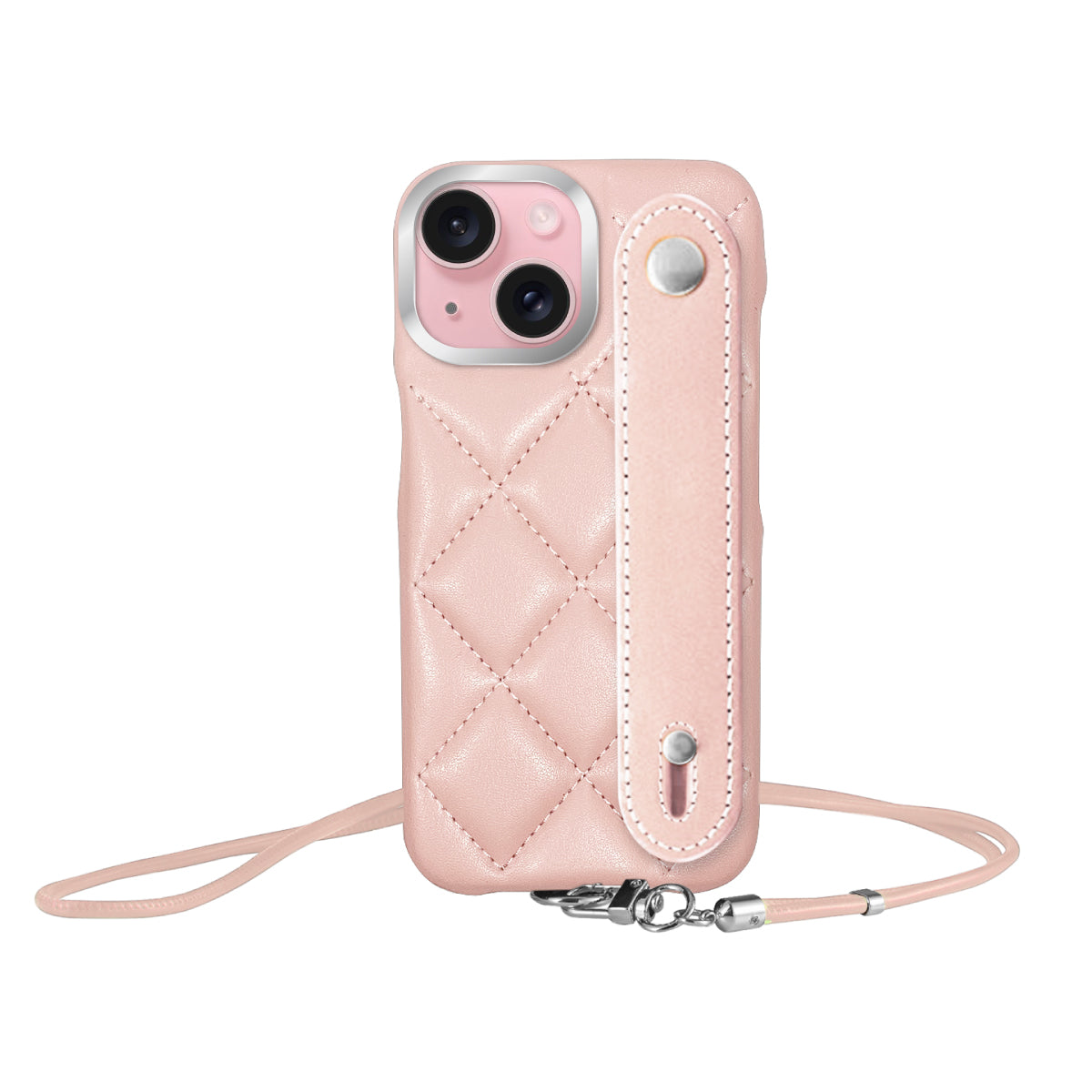 iPhone15 バンドキルティングPUレザーストラップ プティ ピンク/シルバー