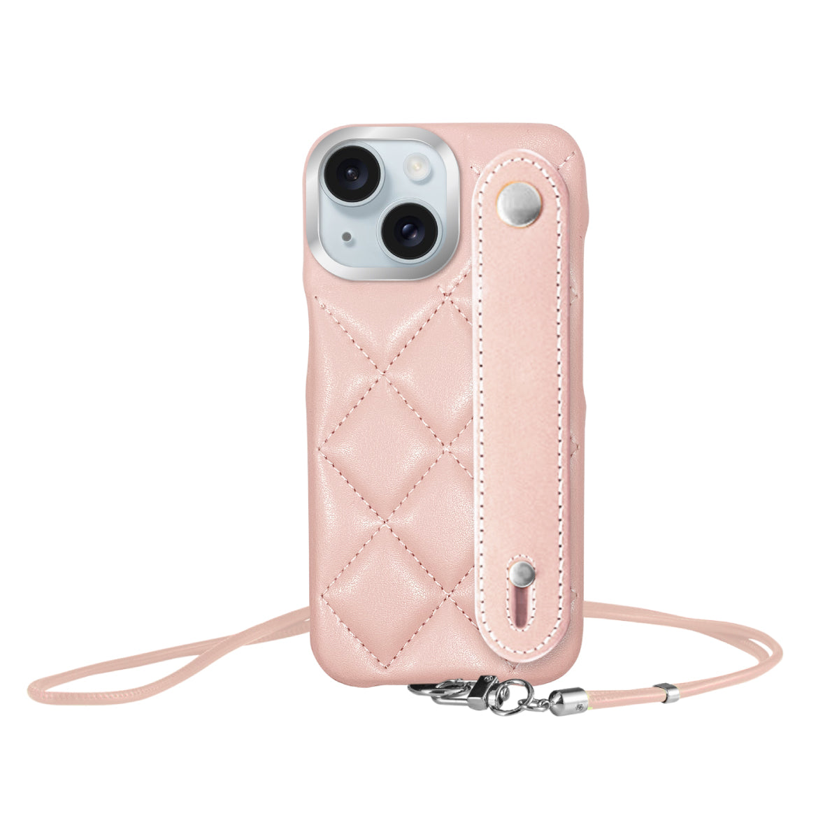 iPhone15Plus/14Plus バンドキルティングPUレザーストラップ プティ ピンク/シルバー
