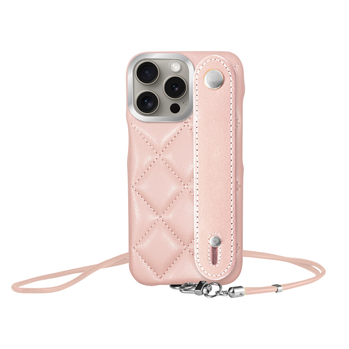 iPhone15Pro バンドキルティングPUレザーストラップ プティ ピンク/シルバー