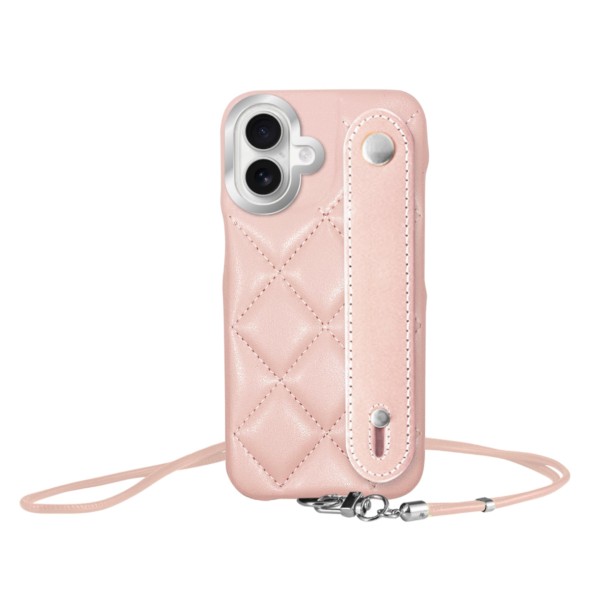 iPhone16 バンドキルティングPUレザーストラップ プティ ピンク/シルバー