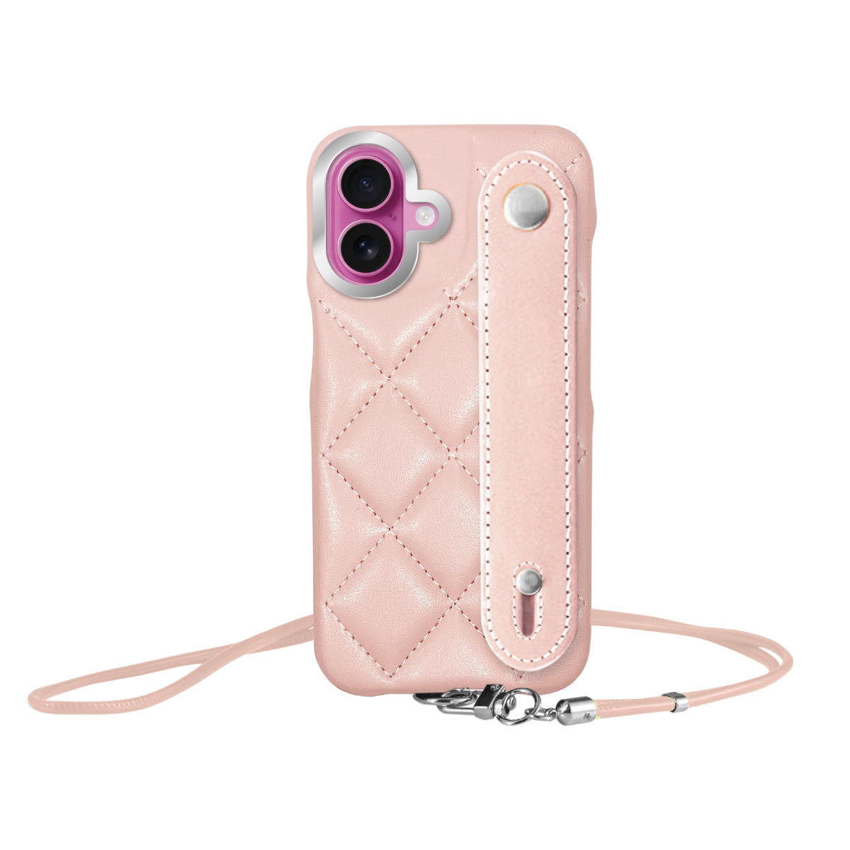 iPhone16Plus バンドキルティングPUレザーストラップ プティ ピンク/シルバー