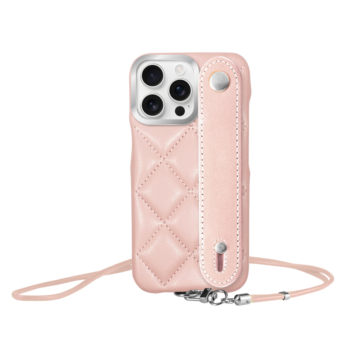iPhone16ProMax バンドキルティングPUレザーストラップ プティ ピンク/シルバー
