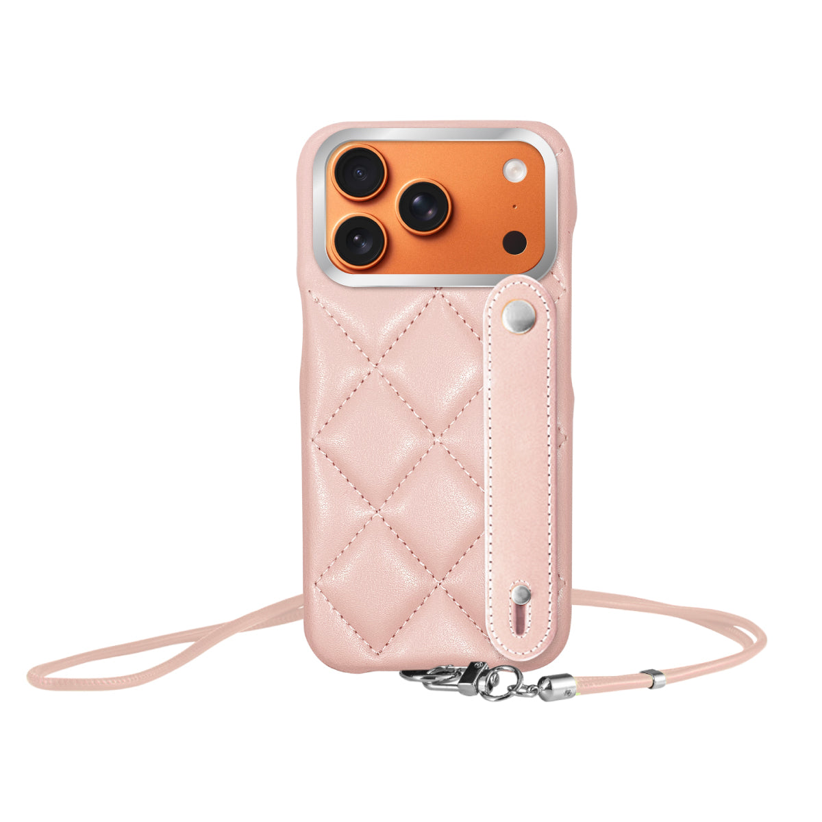iPhone17ProMax バンドキルティングPUレザーストラップ プティ ピンク/シルバー