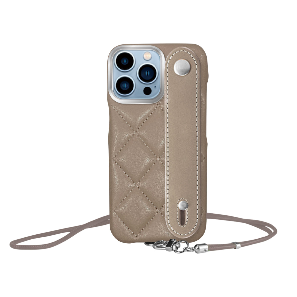 iPhone13ProMax バンドキルティングPUレザーストラップ プティ ベージュ/シルバー